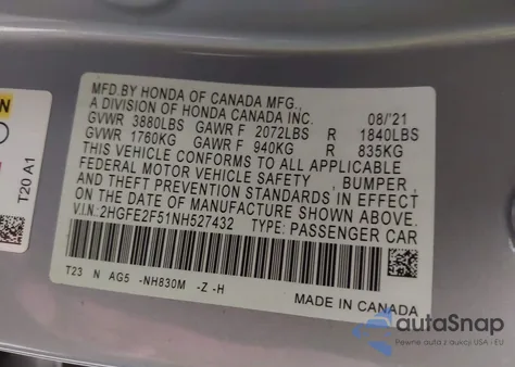 2022 Honda Civic Sport from USA, damaged, VIN 2HGFE2F51NH527432